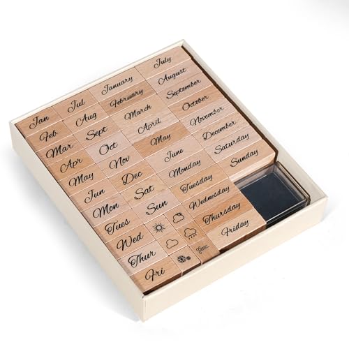 CraftyManor 44PCS Mini Wooden Stamp Set, Vintage Month Week Weather