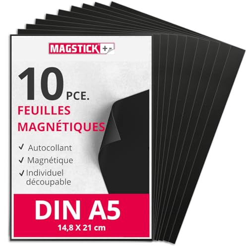 Magstick Feuille magnétique 10 pièces I DIN A5 I Feuille magnétique autocollante I Flexible découpable magnétique adhésive I Pour bricolage organisation...