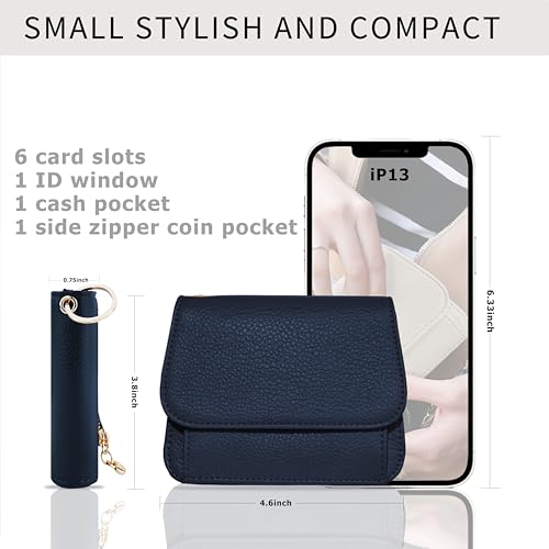 Image of Women Small Wallet RFID Blocking Slim Wallet with Coin Pocket Tri-Fold Credit Card Holder with ID Window and Keychain(Navy Blue)