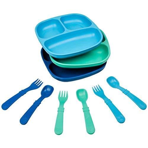 Re-Play 3x3 Divided Toddler Plates and Utensils Set - Toddler Forks and Spoons Set - Dishwasher and Microwave Safe - Made in USA - True Blue