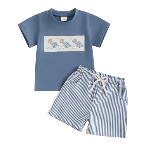 Licupiee Toddler Boys Shark Outfits Sea Animal Embroidery Short Sleeve Shirt and Striped Shorts Sets 2Pcs Summer Clothes Set (Blue Turtle, 2-3T)