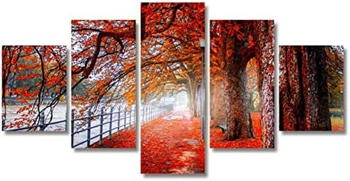  Quadro Su Tela 5 Pezzi Bella Foglia Rossa (L/Con Cornice 150 X 80 Cm) Pittura Moderna Opera D\'Arte Arte Hd Stampato Poster Parete Soggiorno Foto Decorazioni Per La Casa -5V1T-X9N