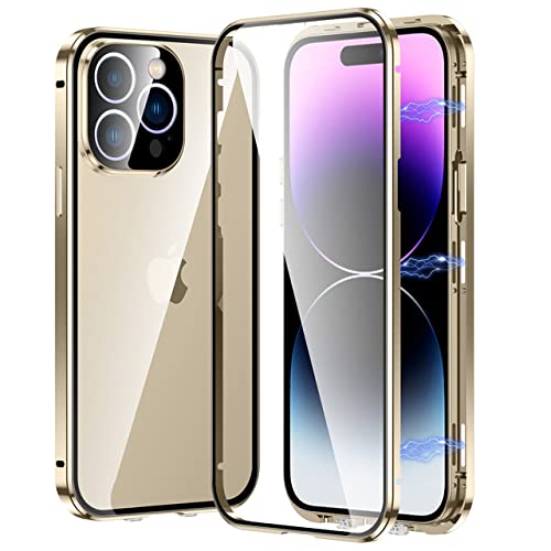 Coque iPhone 13 Pro Max en métal doré avec double verre trempé d'adsorption magnétique