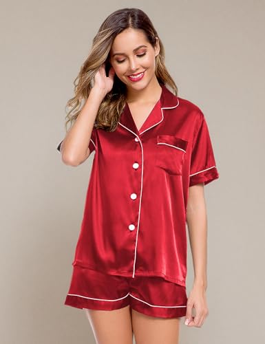 Image of LecGee Womens Silk Satin Pajamas Short Sleeve Loungewear Two-Piece Sleepwear Button-Down Pj Set