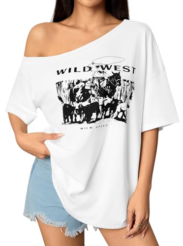 Image of Hilinker Womens Sexy Off The Shoulder Tops Short Batwing Sleeve T Shirt Oversized Casual Tee White Wild West Medium
