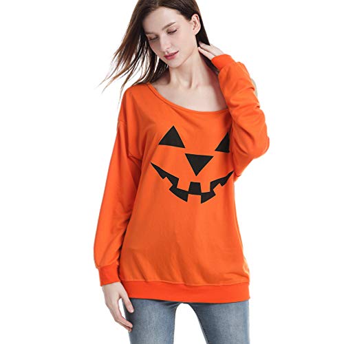 Rysly Womens Sexy Off The Shoulder Halloween Pumpkin Sweatshirts Pullover Costumes Plus Size L Orange #TOP2