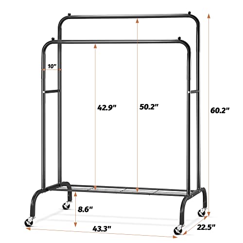 Sapodilla Double Rod Garment Rack With Shelf,Heavy Duty Hanging Clothes Rack With Wheels,Rolling Clothing Rack For Hanging Clothes,Clothes Hanger Rack,Metal Frame,Black #TOP4