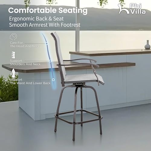 Image of PHI VILLA Outdoor Swivel Patio Bar Stools Set of 2, 30 Inch Bar Height Tall Patio Chairs with Back & Armrest, Durable Textilene Fabric in Grey for Deck Lawn Garden