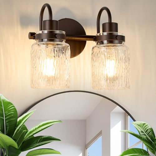 Image of 2 Lights Hammered Glass Bathroom Vanity Light, Oil Rubbed Bronze