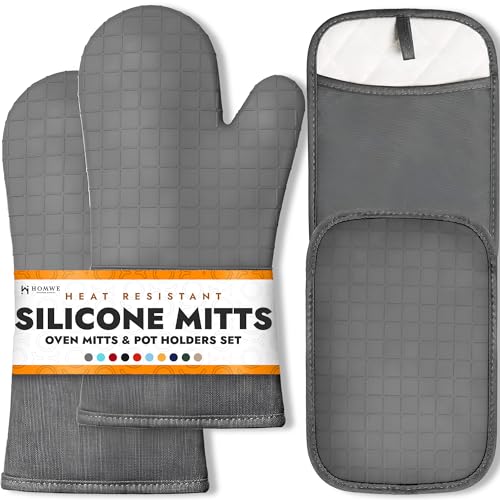 Image of BPA-Free Soft Silicone 4 Piece Oven Mitts & Pot Holders Set - Ultra Heat Resistant Oven Mitts with Thick Cotton Liner - Long Slip Resistant Pot Holders, Flexible Oven Gloves - Gray