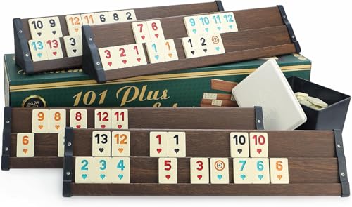 101 Plus Semus Star Rummy Set Okey - Materialien (Kunststoff-Spielbänke mit Holz Optik-Furnier - leicht und stabil & Melaminsteine) mit SEMUS Kugelschreiber (Braun)