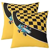 Fodere per Cuscini Go Kart Racing Car Yellow Black Plaid Speed Extreme Sportss Game Competition Kartings Set of 2 Traspirante Federe Decorativo per