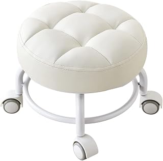 Low Rolling Stool with Wheel,Comfort Ottoman Footstool, Roller Seat Short Rolling Foot Stools with Universal Swivel Caster Wheels Pu Leather Little Small Stools for Black (White)