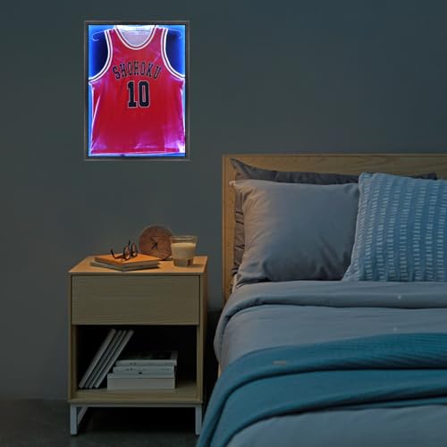 Image of Grintus Jersey Frame Display Case,Lockable with Colorful Led Lights Display Box for Jersey Display with UV Protection Acrylic and Hanger for Baseball Basketball Football Hockey Sport Shirt,Black
