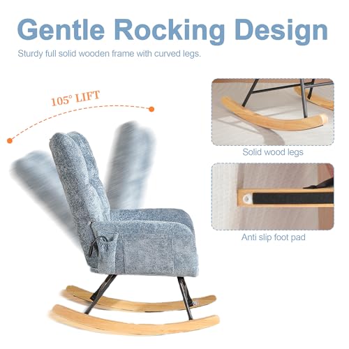 Image of Rocking Chair Nursery with Airbag, Comfy Modern Nursery Rocking Reading Chair Indoor, Cozy Upholstered Glider Rocker Chairs for Living Room Bedroom Offices, (Chenille, Blue)