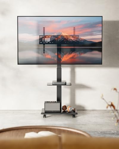 ECOTINY Steel Base Rolling TV Stand for 32-75 inch TVs up to 110 lbs, Leveling & Tilt & Swivel Mobile TV Stand with Hidden Wire Management, Height Adjustable Portable Tv Stand with Steel Shelf, Black