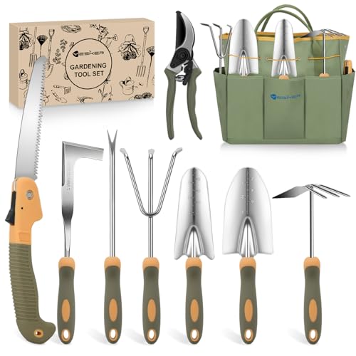 Yesker Gardening Tools 9-Piece Heavy Duty Garden Tool Set Gardening Supplies Gifts for Women Men Gardening Hand Tool Kit w Non-Slip Ergonomic Rubber Handle, Durable Garden Bag, Pruning Shears, Green