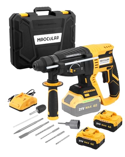 Akku Bohrhammer 21V, 2,0J Schlagkraft, 4in1 SDS-Plus 5100 BPM, 26 mm Betonbohrleistung, Bürstenlos, inkl. 2 * 4.0Ah Akku, 5tlg. Bohr-Meißel-Set, Ladegerät im Handwerkerkoffer