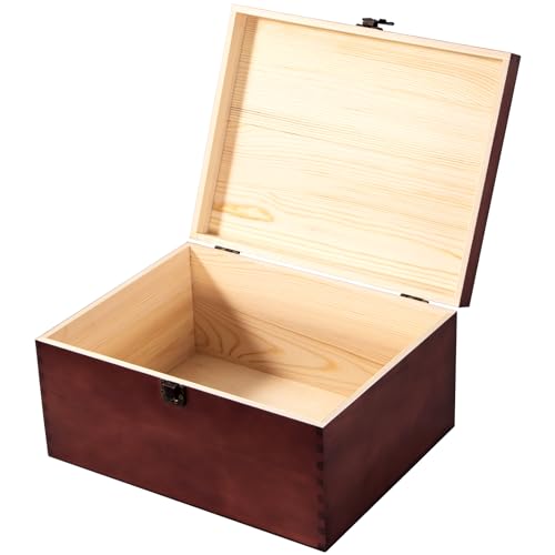 Useekoo Vintage Wooden Storage Box Container with Hinged Lid Front Clasp, 12'' x 9.3'' x 5.9'' Large Keepsake Box, Rustic Wood Boxes for Crafts Art Hobbies and Home Decoration - Reddish Brown