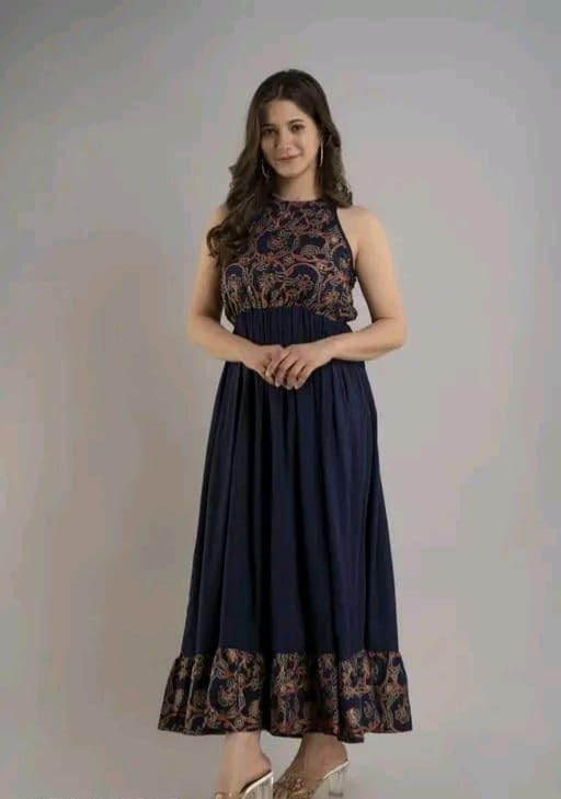 Image of Women's Embroidered Anarkali Maxi Dress | Sleeveless Ethnic Gown with Floral Print | Party Long Flared Dress for Women & Girls