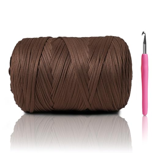 Image of 800G(228YDS) Tshirt Yarn for Crocheting,Chunky T-Shirt Yarn for Beginner Crochet Bags,Baskets,Coasters,Shoes,Clothes,DIY Crafts, Elastic Fabric Thick Hand Knitting Crochet Yarns (Brown)
