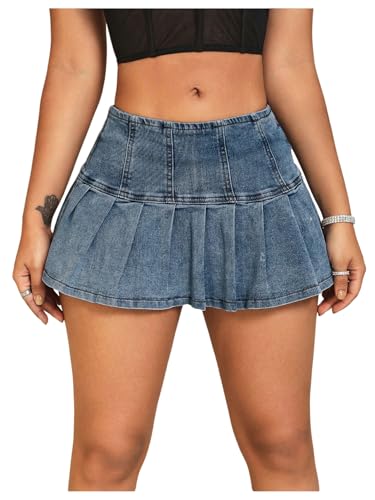 MakeMeChic Women's Pleated A Line Jean Skirts Zip Up Flared Hem Summer Mini Denim Skirt