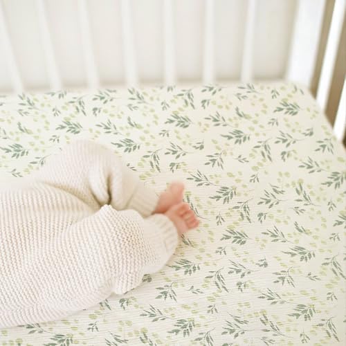 Image of GRSSDER 100% Cotton Muslin Crib Sheet 2 Pack - Breathable & Ultra-Soft Fitted Crib Sheets for Standard Baby & Toddler Mattresses, 52 inchx28 inch with 9 inch Deep Pocket, Snug Fit All-Around Elastic