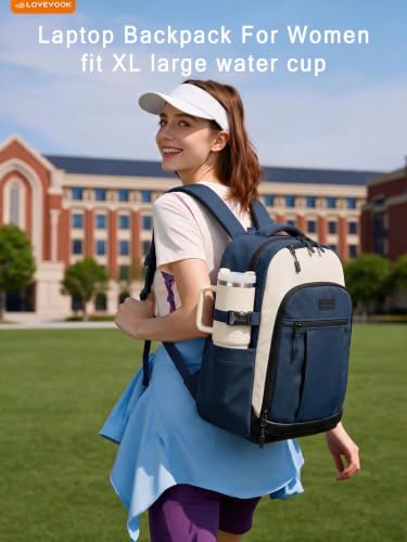 Image of LOVEVOOK Laptop Backpack for Women, Waterproof Work Travel Backpack with Large Cup Pockets for Teacher Nurse, 17.3 inch Computer Bag College Bookbag Daypack, Gifts for Women, Navy Blue