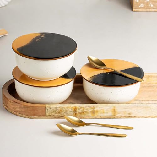 Image of The Earth Store White Marble Ceramic Bowl Serving Set - 3 Bowls (500ml Each) with Wooden Tray, 3 Spoons & 3 Multipurpose Lids /Coaster - for Snacks, Curries, Desserts & Fruits