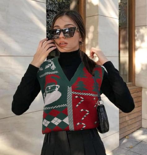 Image of JULYCLO Christmas Sweater Vest Women Ugly Xmas Reindeer Knit Sweaters Casual Santa Snowflake V Neck Sleeveless Outwear Tops