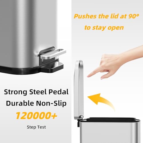 Image of KdbK Bathroom Trash Can with Soft Close Lid, 15L / 4 GallonRectangular Trash Can with Removable Wastebasket, Step Pedal, Slim Wastebasket for Bedroom, Home Office,Silver