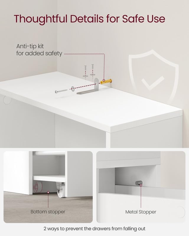 Diagram illustrating the anti-tip kit installation and two methods (bottom stopper and metal stopper) to prevent drawers from falling out of the cabinet.