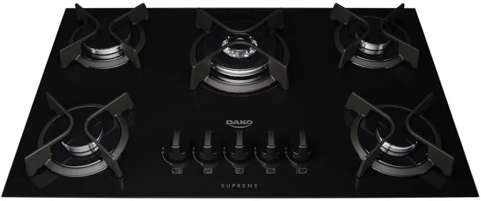 Cooktop 5 Bocas a Gás Dako Supreme com Queimador Tripla Chama e Mesa de Vidro Temperado Preto Bivolt