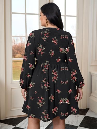 Plus Size Floral Mini Casual Dress with Pockets Long Sleeve V Neck Smocked Flowy Fall Dress for Curvy Women2