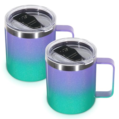 Volhoply 14oz Insulated Stainless Steel Coffee Mug with Lid Bulk 2 Pack,Double Wall Vacuum Travel Coffee Cup with Handle,Reusable Metal Tumbler,Camping Mugs Keep Hot,Christmas Gifts(Purple Green,2)
