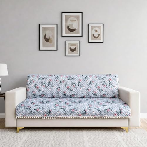 Image of Homerz Premium Printed Quilted Velvet Sofa Slip Cover Protector with Tassels, Sofa Mat, Exact Size, Antislip Cover (Grey Autumn, 2 Seater, Full)