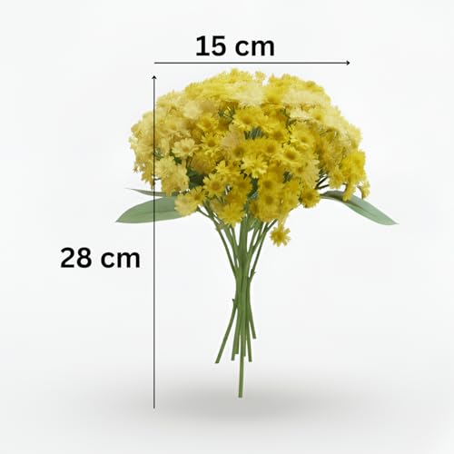 Image of Artificial Baby Breath Yellow Flower Bouquet - 12 Stems, 28cm Height Faux Daisy Bunch with Green Leaves for Home, Office, Wedding & Party Decoration