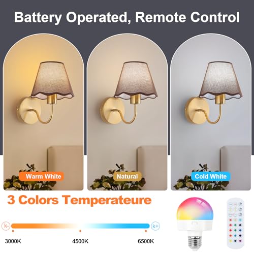 Image of ADISUN Battery Operated Wall Sconce Set of 2, Gold Wall Lamps Rechargeable Bulbs for Living Room, Brown Rattan Shade, Wireless Wall Lights for Bedroom Living Room Hallway Kitchen(2 Bulbs Included)