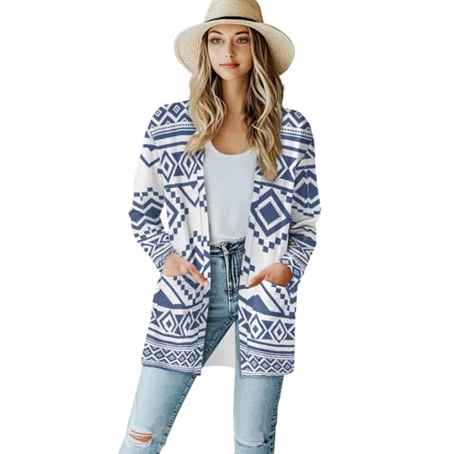 Image of Women's Aztec Open-Front Jacket Lightweight Casual Outerwear Native Western Aztec Pattern & Plaid Houndstooth Print