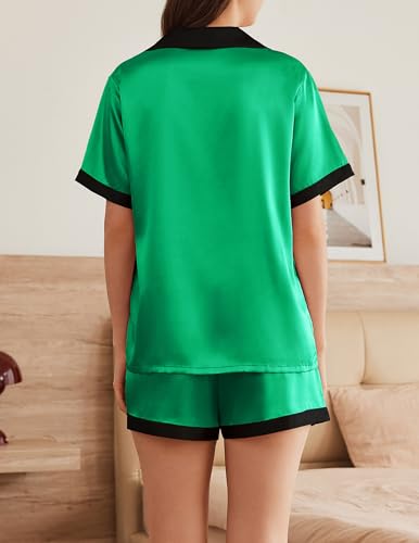 Image of Ekouaer Womens Silk Satin Pajama Set Short Sleeve PJs 2 Piece Button Down Top and Shorts Notch Collar Sleepwear Sets Soft Pjs | Soft sleepwear with pockets, botton down lounge sets, ideal for Home relaxation, Wedding, Party, Daily Wear & Breastfeeding