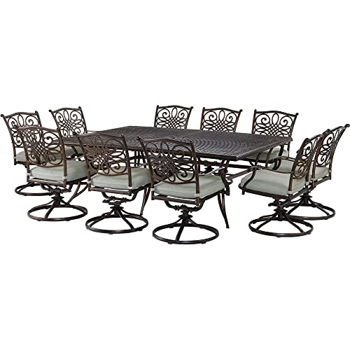 Hanover Renditions 11 Piece Outdoor Dining Set with Sunbrella® Fabric, Elegant 60'x84' Patio Table, 10 Comfortable Swivel Chairs, Rust, UV, and Weather-Resistant Aluminum Frames & Mist Blue Cushions