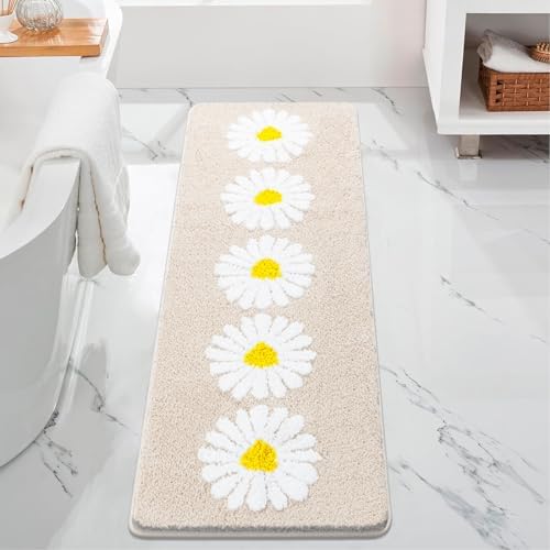 McEu Non Slip Bath Mat Pink 45 x 65 cm, Super Absorbent and Quick Dry Daisy Bathroom Mats, Soft Microfiber Bathroom Rug Machine Washable Bathroom Floor Mats for Bathtub Bedroom Kitchen