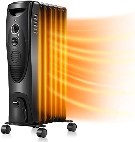 Kismile 1500W Oil Filled Radiator Heater, Portable Electric Heater with 3 Heat Settings, Adjustable Thermostat, Overheat & Tip-Over Protection, Oil Heaters for indoor use (Black)