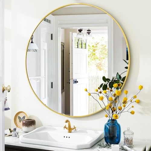 Gold Round Bathroom Mirror, 24 inch Circle Wall Mounted Hanging Mirror with Simple Modern Circular Metal Frame for Hallway, Entryway, Living Room, Gold Frame