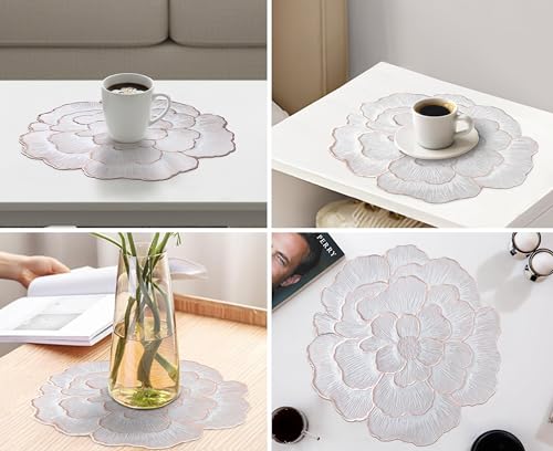 Image of Yellow Weaves 2 Pcs PVC Round Table Placemats, Dining Table Mat, Stain Resistant, Anti-Skid, Waterproof, Washable, Dining, Kitchen, Restaurant Table Set Easy to Clean, Durable (Floral Rose Gold)