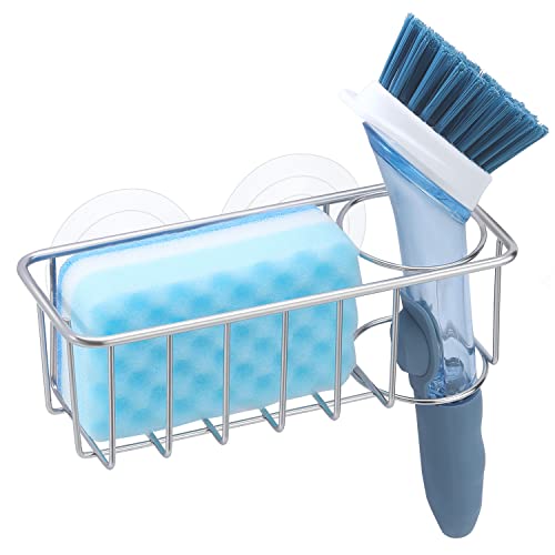 TESOT Sink Caddy Sponge Holder Brush Holder 2 in 1 with Upgraded Suction Cups or Using Adhesive Hooks, SUS304 Stainless Steel, Silver