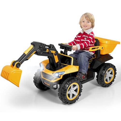 MINENICE Excavadora eléctrica para niños, batería de 12 V 7 Ah con mando a distancia y modo manual, brazo funcional con cavidad trasera, ruedas todoterreno y panel multifunción