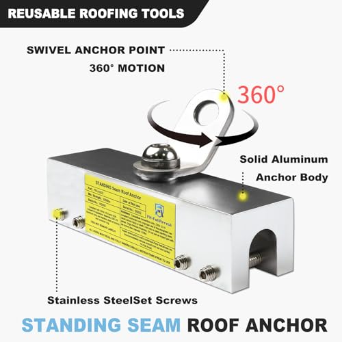 Image of Fall Protection Standing Seam Roof Anchor Clamp with 360 Swivel Point | Fall Arrest Roofing Harness Safety Kit | Aluminum Alloy Anchor | OSHA /ANSI Compliant | Bolts and washers included (8inches)