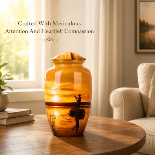 Image of Fishing Cremation Urn for Human Ashes - Large Urn for Adult Male or Female, Holds Up to 200 lbs - Yellow Memorial Urn with Black Velvet Bag