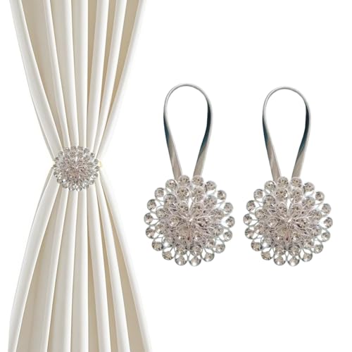 Magnetic Curtain Tiebacks ?tie Backs for Curtains 2 Pack Crystal Flower Curtain Clips for Home Office Decoration Holdbacks (Silvery Crystal)